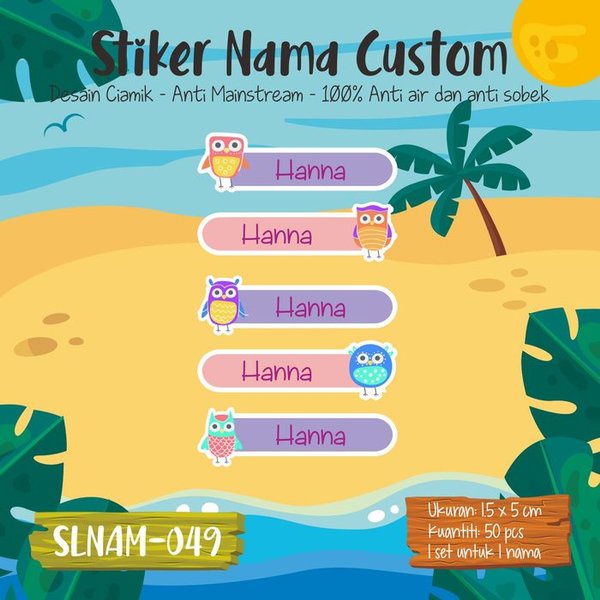 

sale sticker label nama anak cewek waterproof owl SLNAM-049 Diskon