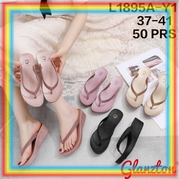 L1895AY1 Sandal Wedges Karet Wanita Glanzton Glitter Gliter Blink Sendal Jepit Wedges Cewek Premium