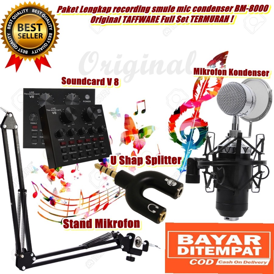 ( COD ) Paket Lengkap recording smule mic condenser BM-8000 Original TAFFWARE Full Set TERMURAH 
