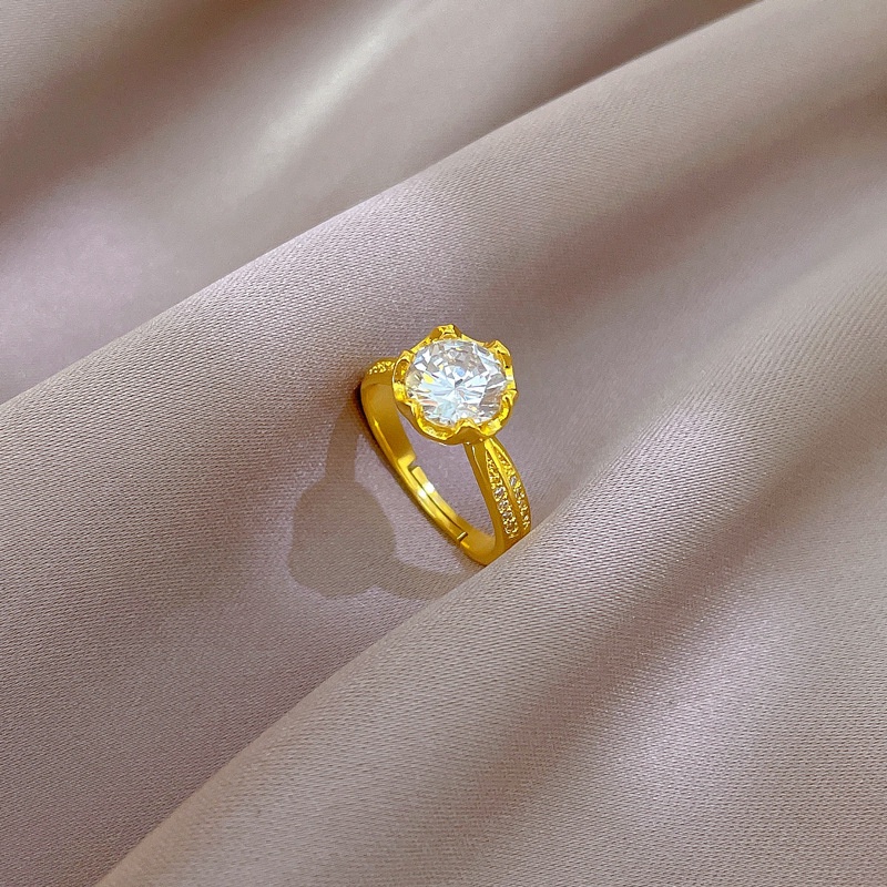 Cincin Titanium Wanita (Terbuka) Bunga Berlian Mewah Emas 18K Anti Karat Perhiasan Korea