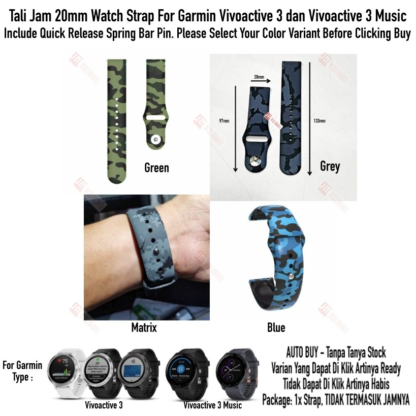 RMY Tali Jam 20mm Watch Strap Garmin Vivoactive 3 / Music - Camo Army Rubber Silikon