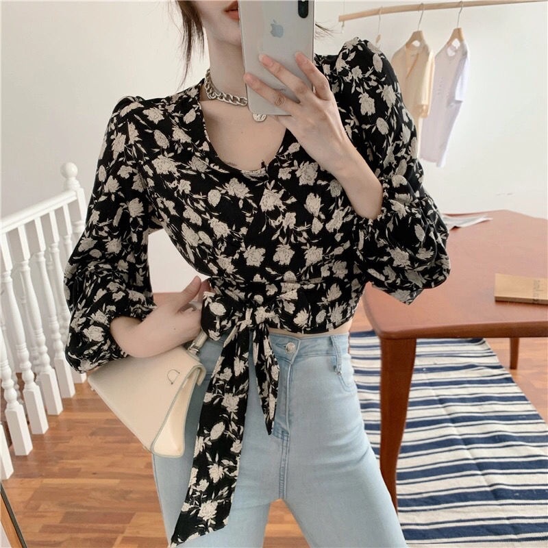 Hong Kong style retro V-neck shirt lace-up waist-controlled long sleeve floral shirt for women