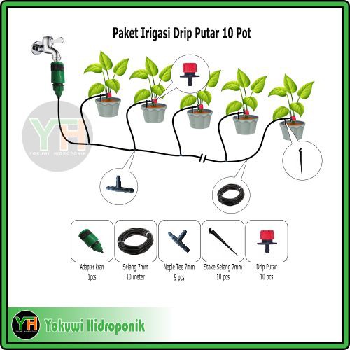 Paket Irigasi/ Adapter Kran/ Drip Putar/ Selang 7/ Stake Selang 7