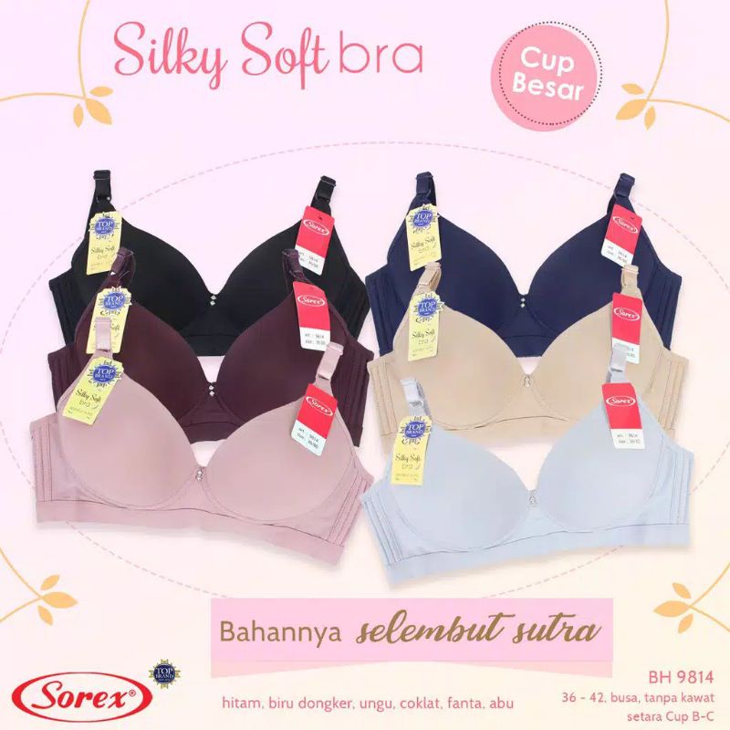 Bra Sorex 9814 Tanpa Kawat Busa Tipis Cup Besar Size 36-42 Kait 3 / Bra Sorex Silky Soft 9814 / Bh Sorex 9814 /Bra Sorex 9814