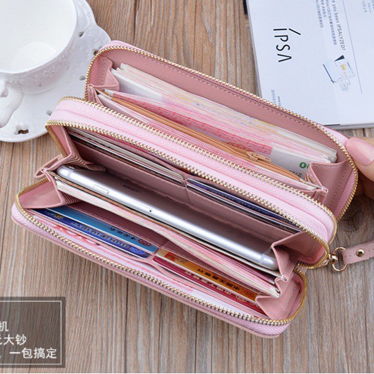 DOMPET WANITA 2 RESLETING WA121P3 CORYTA PREMIUM KULIT PINK BESAR IMPORT KOREA TALI PANJANG FASHION