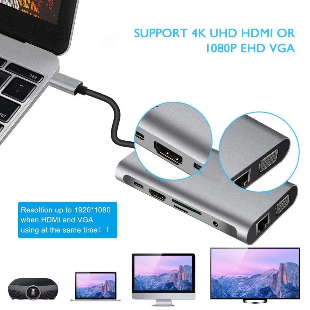 [Ready stock] 10 in 1 Adapter Usb Hub Tipe-C Ke Hdmi 4k Vga Rj45 Lan Ethernet Sd Tf Jack Audio Video Untuk Pro Otg