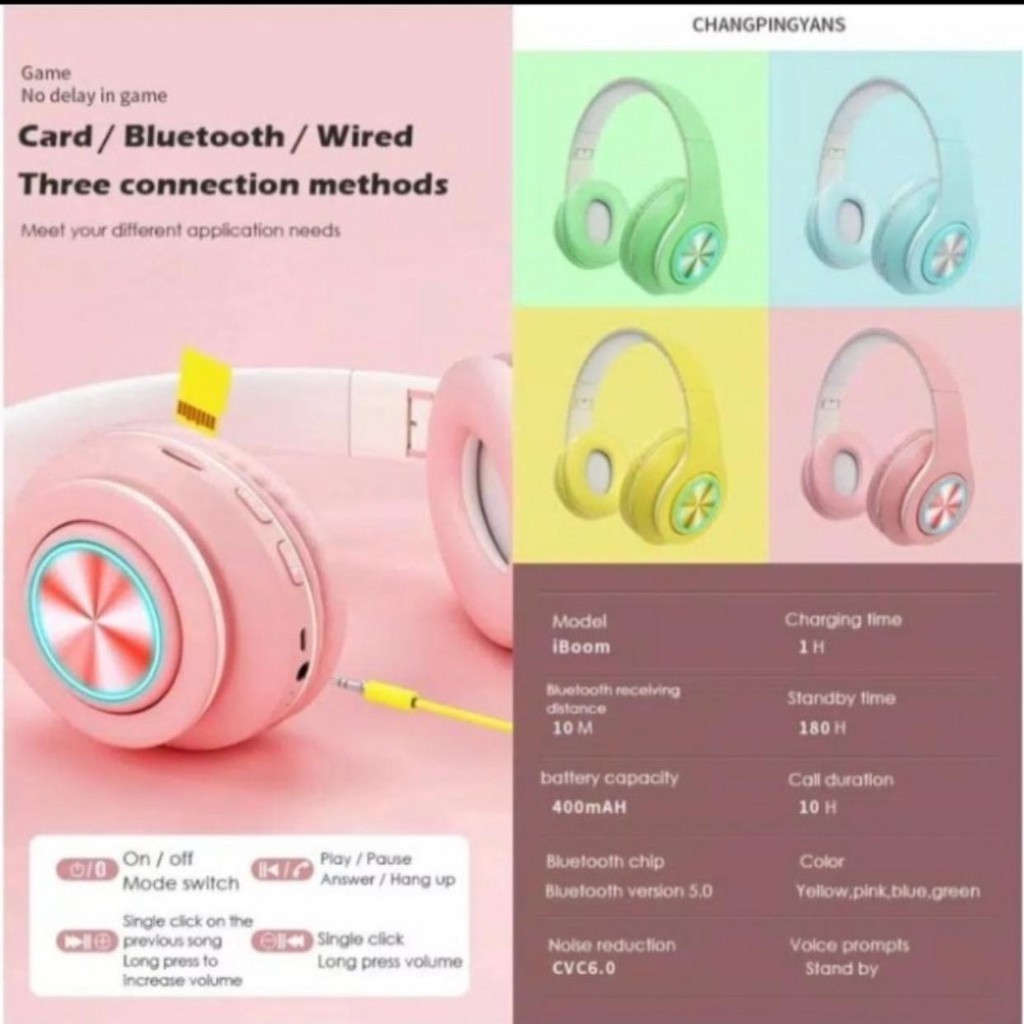 IBoom Headphone Bluetooth Macaron B39 LED Headset Wireless Warna Pastel Support Memory Card