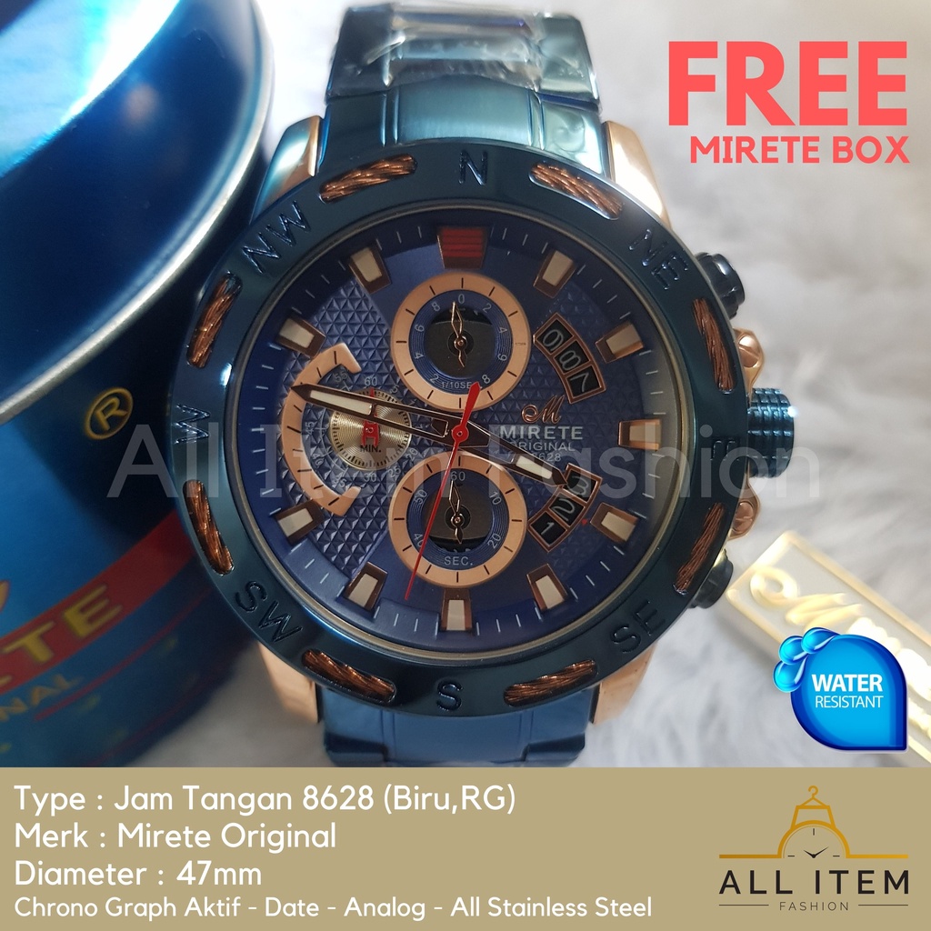 Jam Tangan Chrono Rantai MIRETE 8628 / Jam Tangan Pria Anti Air ORI / Arloji / Watches (FREE BOX)