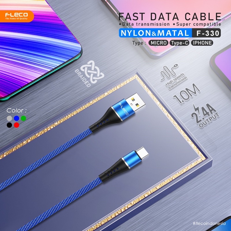 PROMO KABEL DATA FLECO F330 MICRO TYPE C SUPPOR FAST CHARGING 2.4A NYLON METAL PREMIUM
