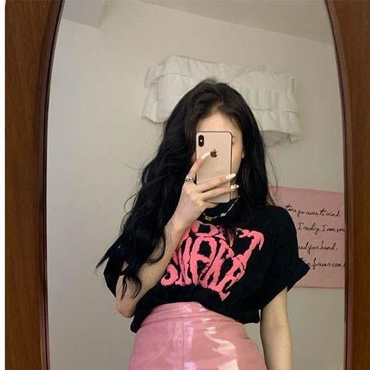 Red Musim Panas Baru Korea Cetak T-Shirt Lengan Pendek Top + Hip Half Rok Kulit Rok Pendek Dua Potongan Pakaian Wanita