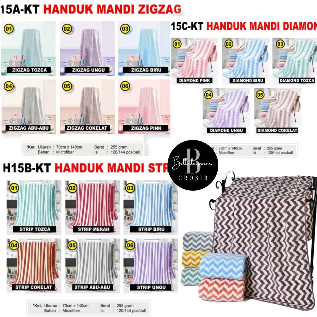 ZIGZAG STRIP GARIS DIAMOND HANDUK MANDI DEWASA 70X140 MICROFIBER QUICKY DRY DAYA SERAP TINGGI BULU LEMBUT  PREMIUM