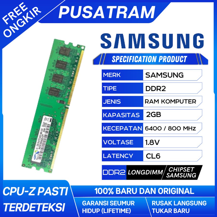 RAM PC SAMSUNG DDR2 2GB 6400/800MHz ORIGINAL RAM KOMPUTER 1.8v 2GB