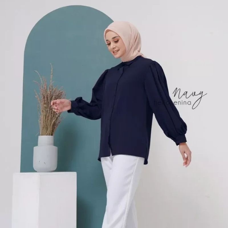 atasan blouse audrey kemeja cewek hitam putih lengan balon