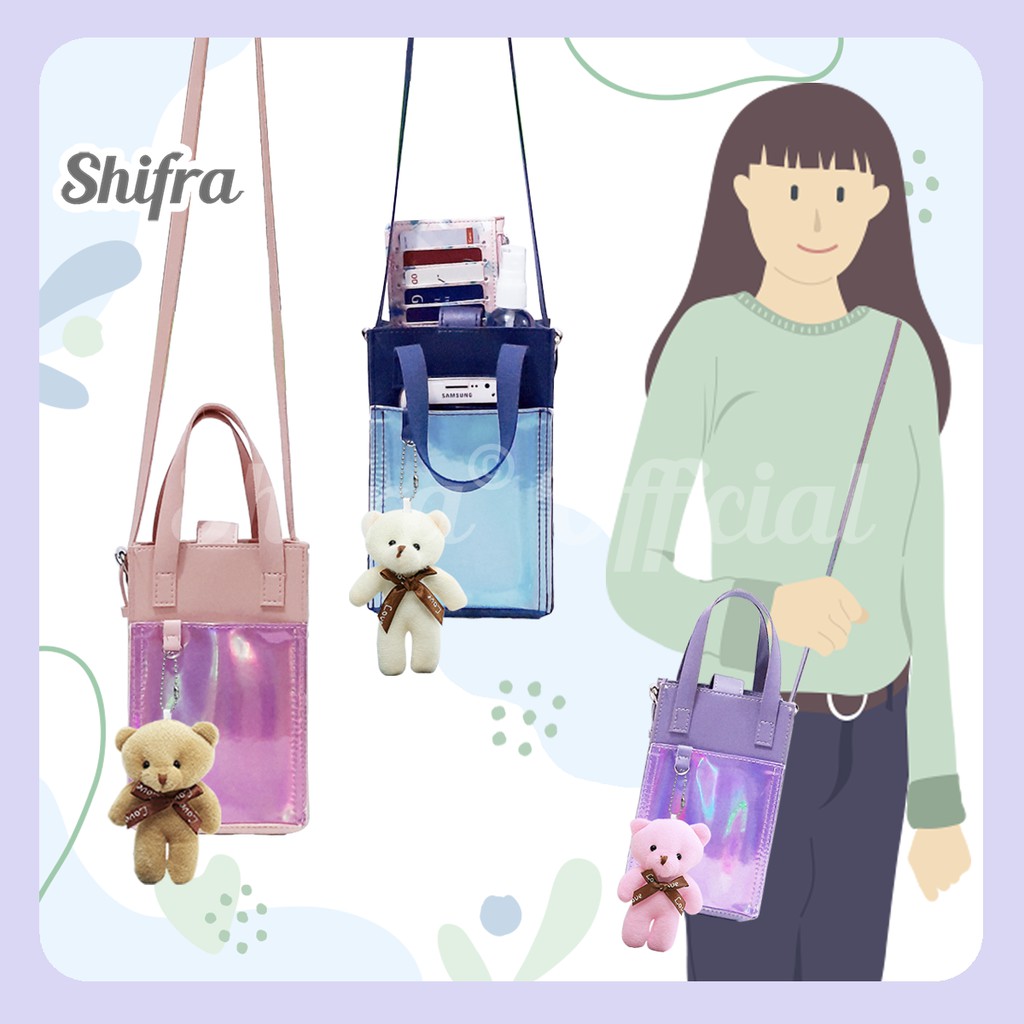 Shifra Sling Wallet Hologram Holo Gantung HP Gantungan Bear Navy Pink Purple dengan Tali Gagang dan Tali Panjang