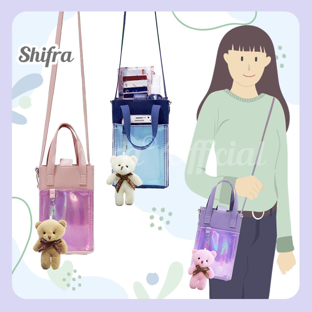 Shifra Sling Wallet Gantung HP Gantungan Bear Navy Pink Purple dengan Tali Gagang dan Tali Panjang