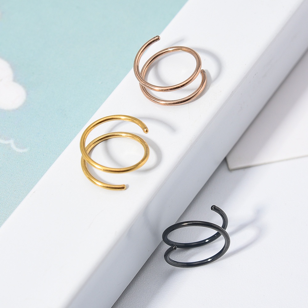 Cincin Tindik Hidung Bahan Stainless Steel Model Double Layer Gaya Hip Hop Punk Untuk Pria Dan Wanita