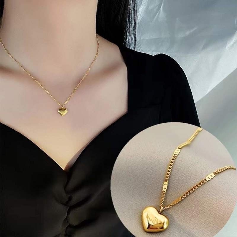 Kalung Rantai Liontin Hati Bahan Stainless Steel Warna Emas Untuk Pasangan