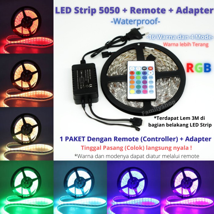 Lampu LED Strip RGB 5050 + Remote + Adapter ( 5 Meter ) Lampu Hias , Lampu Dekorasi , Waterproof