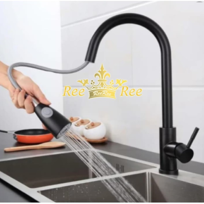 Kran Air Bak Cuci Piring Meja Panas Dingin Model Tarik Hitam Keran Kran Dapur Cuci Piring Fleksibel