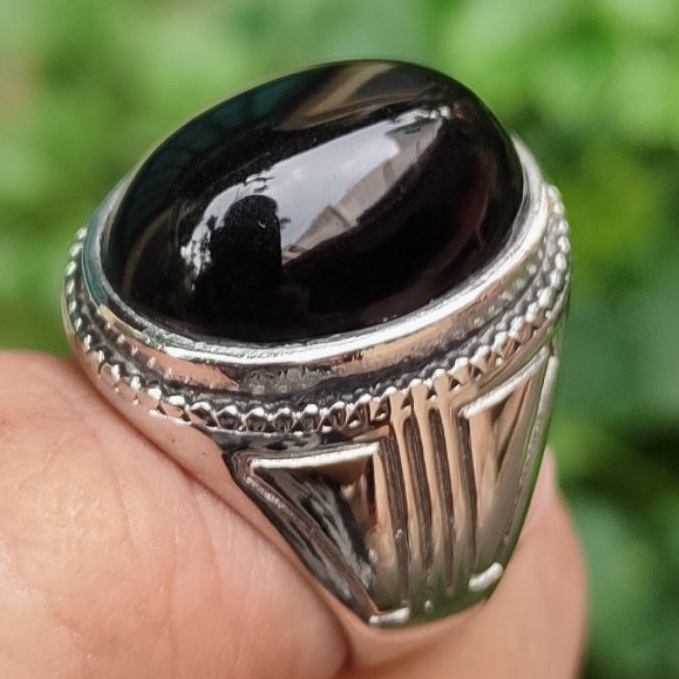 [BISA COD] Cincin Titanium Batu Akik King Safir Wulung Hitam Tembus Biru Top Quality