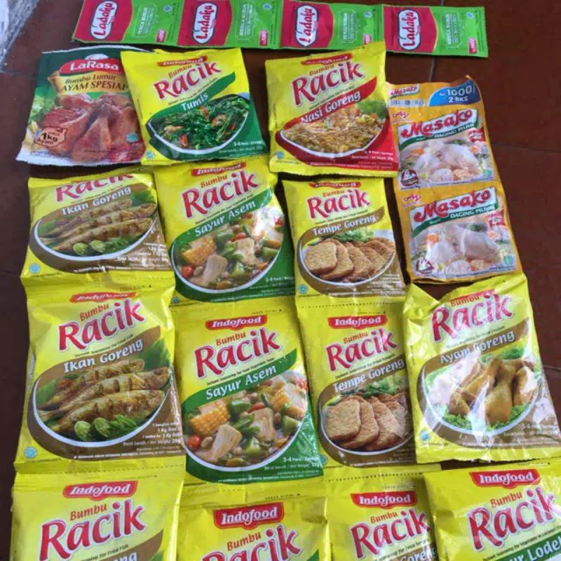 

bumbu racik sayur asem/ ayam goreng/ ikan goreng/ tempe goreng/ nasi goreng/ ladaku/ royco