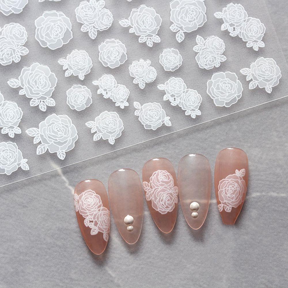 Agustinina Bunga Stiker Kuku Putih Bunga Mawar Perekat Diri Hitam DIY Nail Decals