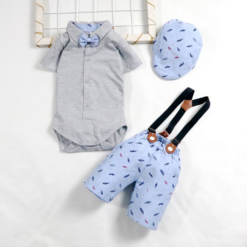 Baju setelan Jumper Suspender Anak Bayi Laki-laki plus topi / Setelan Suspender Bayi Size 3 -9 Bulan-4