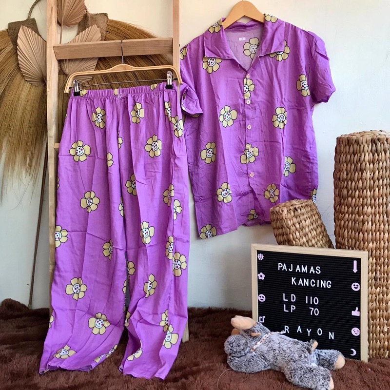 SETELAN LENGAN PENDEK PIYAMA BAJU TIDUR WANITA CEWEK BUSUI ONE SET RAYON MOTIF-KCPJ Flower Purple