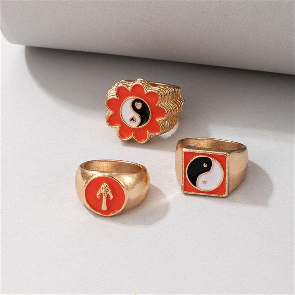 Nanas 3Pcs Cincin Jari Wanita Love Hati Yin Yang Enamel