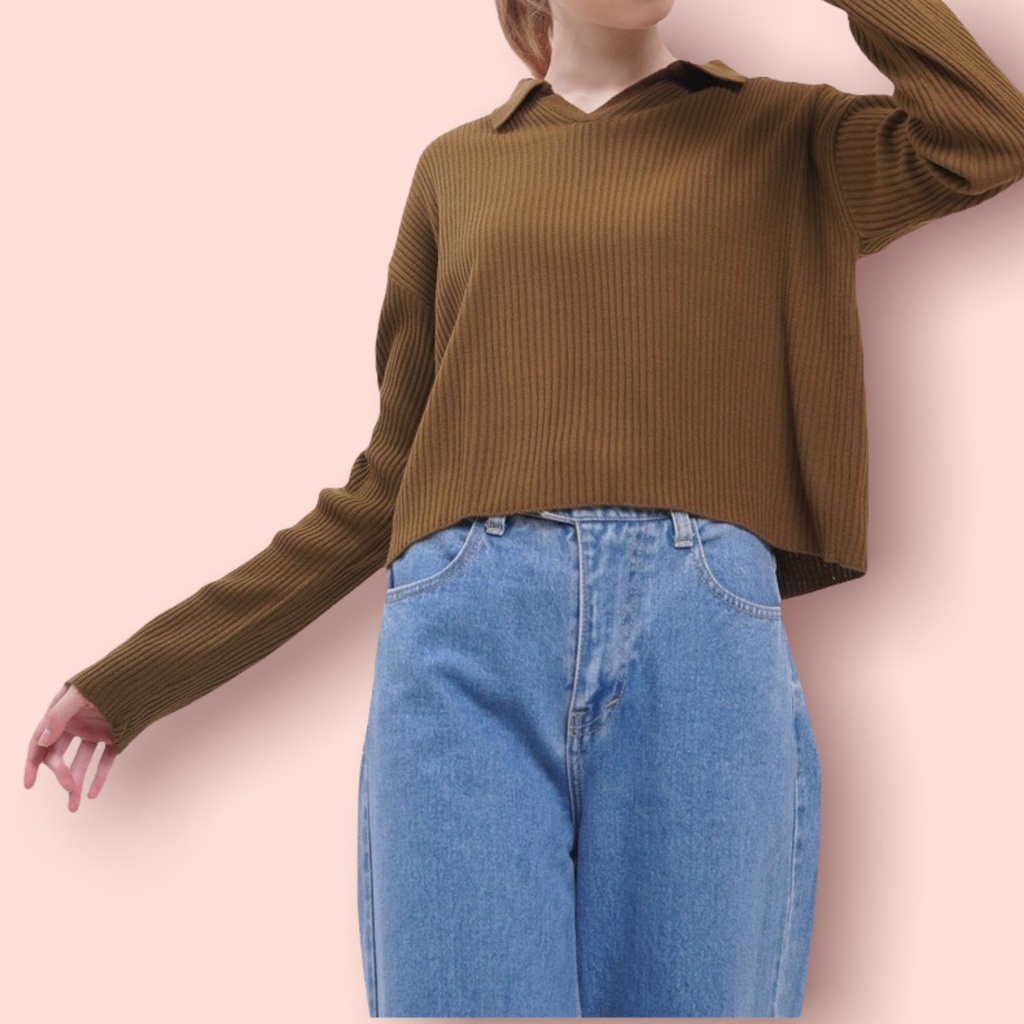 Weijia Fashion OOTD Wanita Sweater YEIN / RJT AEGYO KNIT POLO CROP ATASAN RAJUT / Sweater Rajut Wani