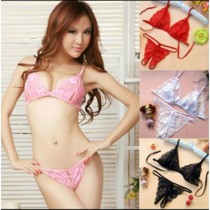 Lingerie Wanita Sexy Transparan Lace Open Bradan G String Set A129