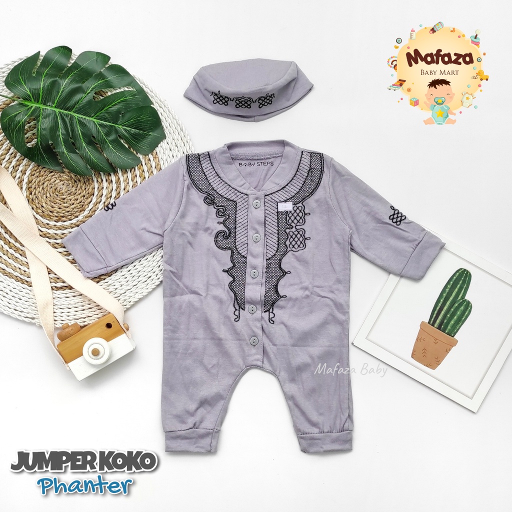 MAFAZABABY Set Jumper Romper Koko Bayi Baju Muslim Anak Bayi Laki-laki Newborn Koko Aqiqah(0-6bulan)-Motif 1abu