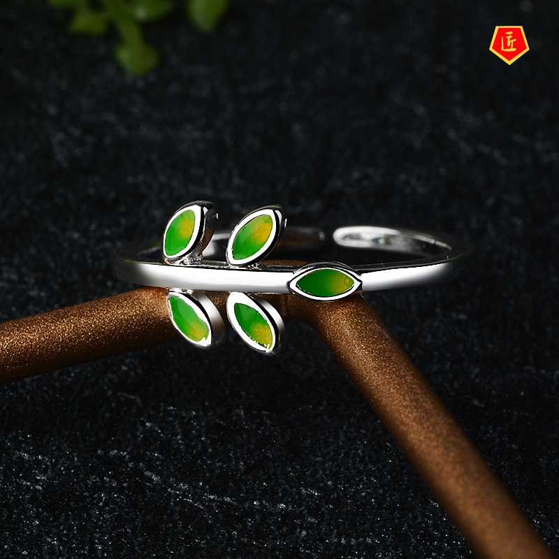 [Ready Stock]S925 Silver Green Leaves Ring Female Personality Simple