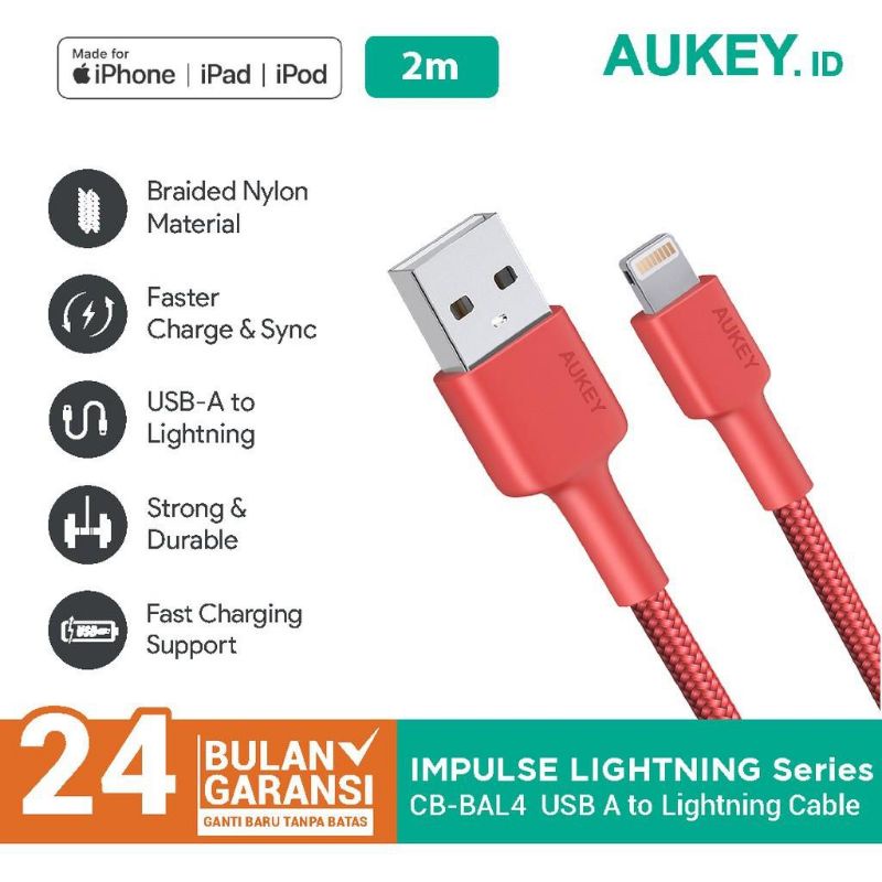 Kabel Charger Iphone Aukey CB-BAL4 MFi USB-A to Lightning 2m Red - 500355
