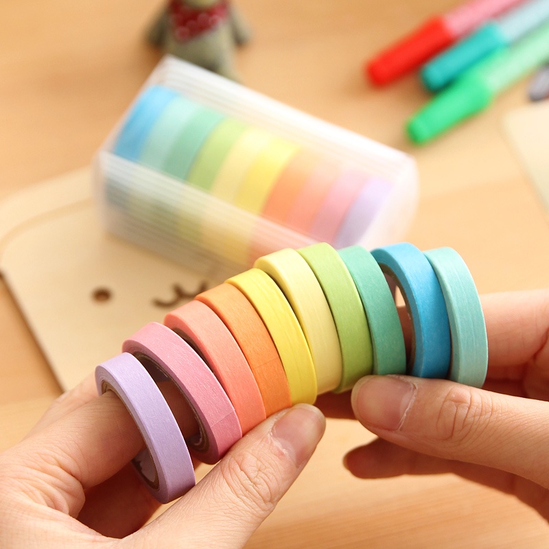 10 Rol Tape / Selotip Washi Warna Pelangi