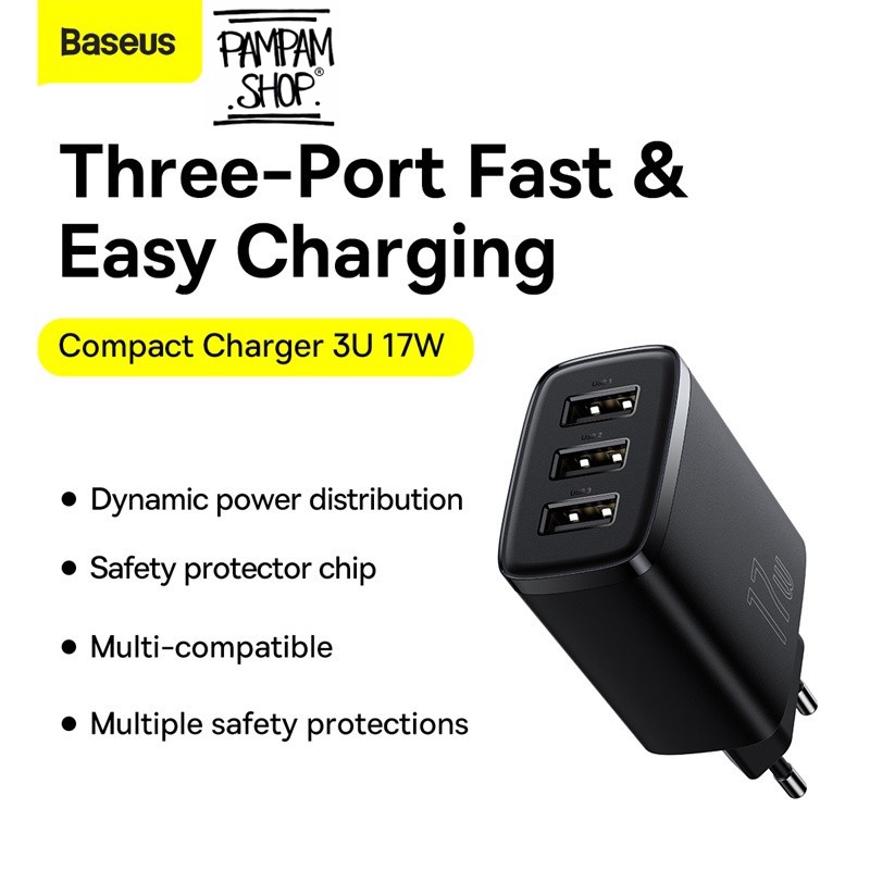 Baseus Original Adaptor Charger Compact 17W 3.4A 3 USB Port Kepala Adapter Casan Tiga Lobang Ori