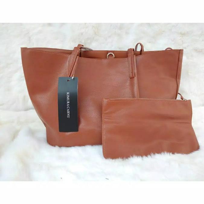 Jual New Stock Tas Wanita Cewek Branded Import Kerja Tote Bag Besar + Pouch Berkualitas