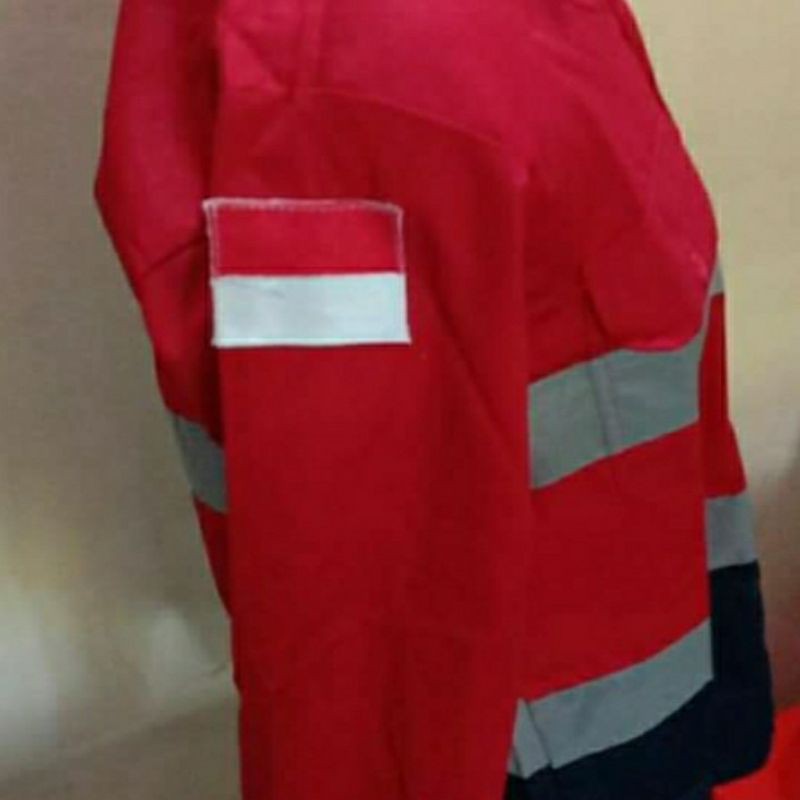 SERAGAM SAFETY FREE LOGO K3 BENDERA KAIN DRILL MERAH KOMBINASI DONGKER KANCING