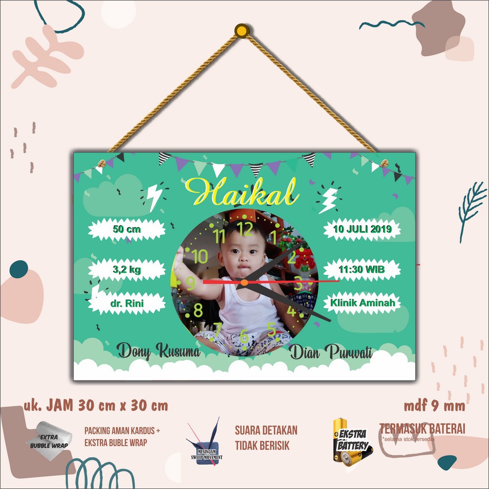 jam biodata anak/ jam dinding kayu custom foto anak/ bayi/ baby shower kado ulang tahun AR-F