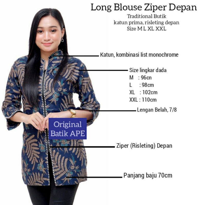 LONG BLOUSE TRADITIONAL BUTIK ZIPER RISLETING DEPAN BUSUI BATIK KOMBINASI READY M L XL XXL