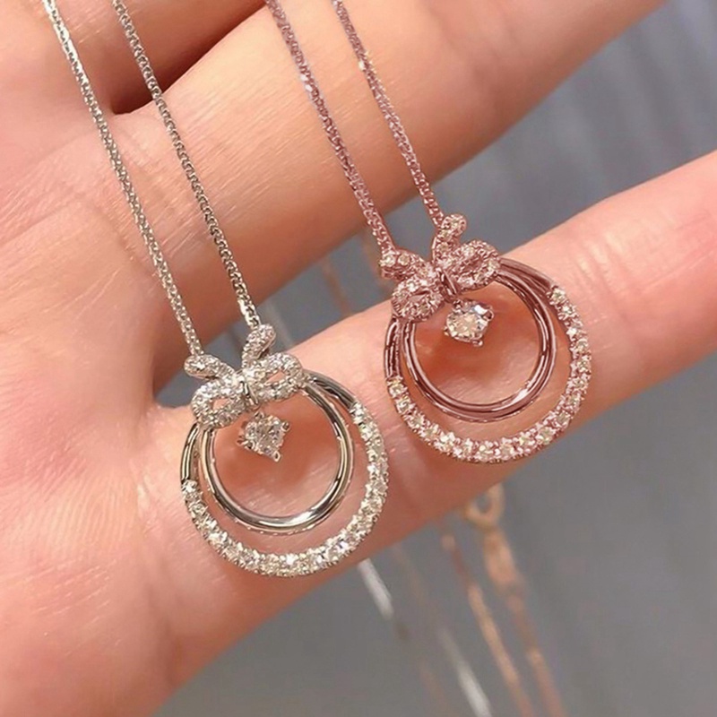 Kalung Rantai Liontin Lingkaran Ganda Hias Cubic Zirconia Bling Untuk Wanita