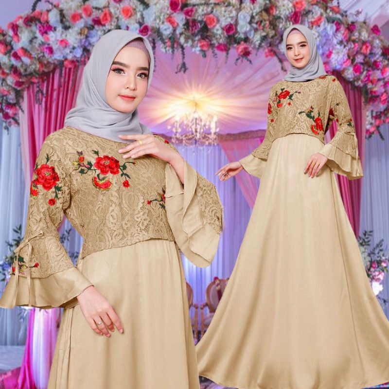 (model baru)GAMIS BROKAT BUNGA MIX SATIN POLOS