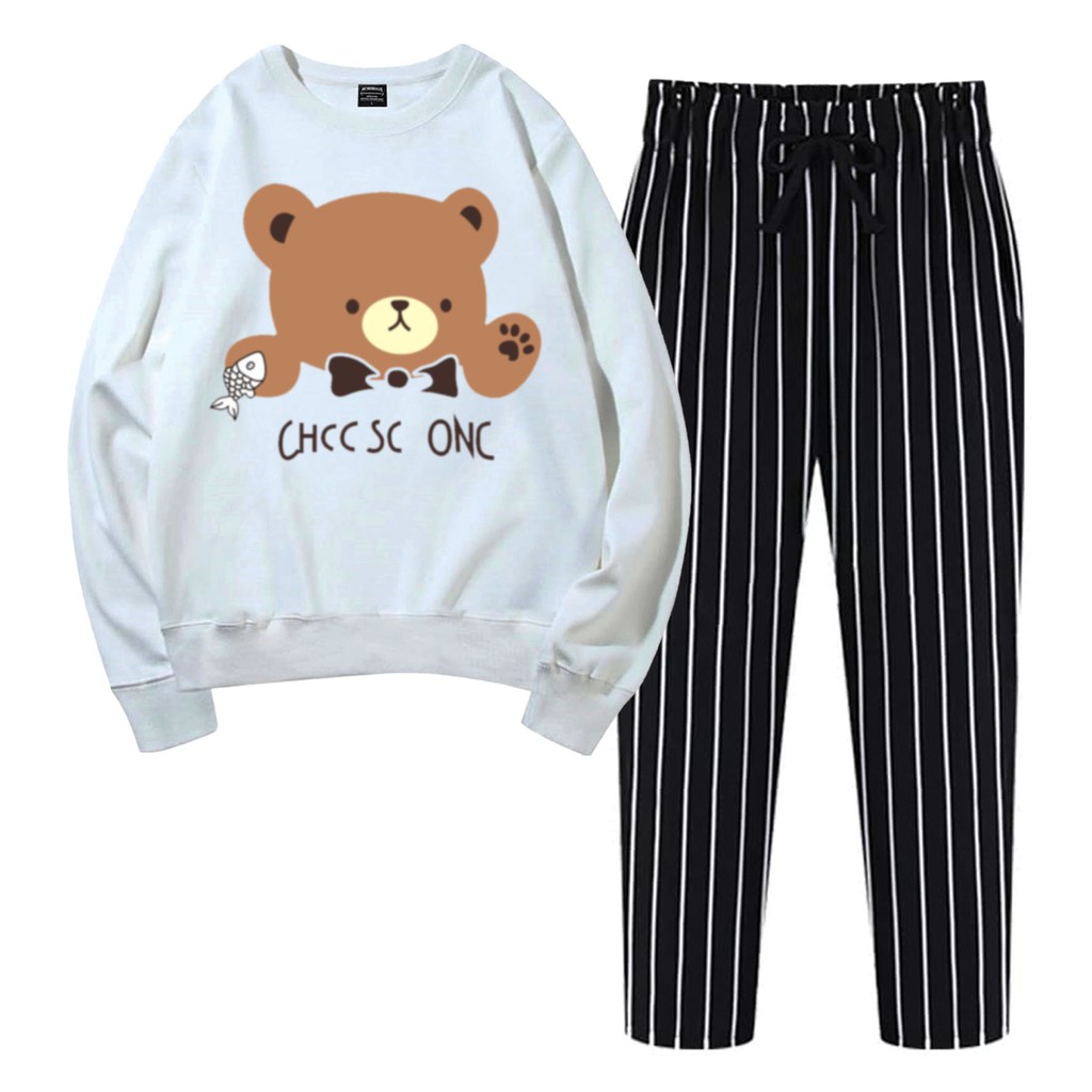 BESS - Baju Setelan Wanita Murah / Setelan Sweater + Celana Salur Hitam - BEAR ONE