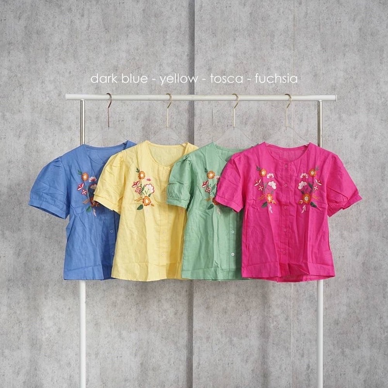 BEZZY TOP BAJU ATASAN BLOUSE WANITA LENGAN PENDEK BAHAN KATUN COTTON RAMI BUNGA DARK BLUE YELLOW TOSCA GREEN FUCHSIA SHOCKING PINK-7