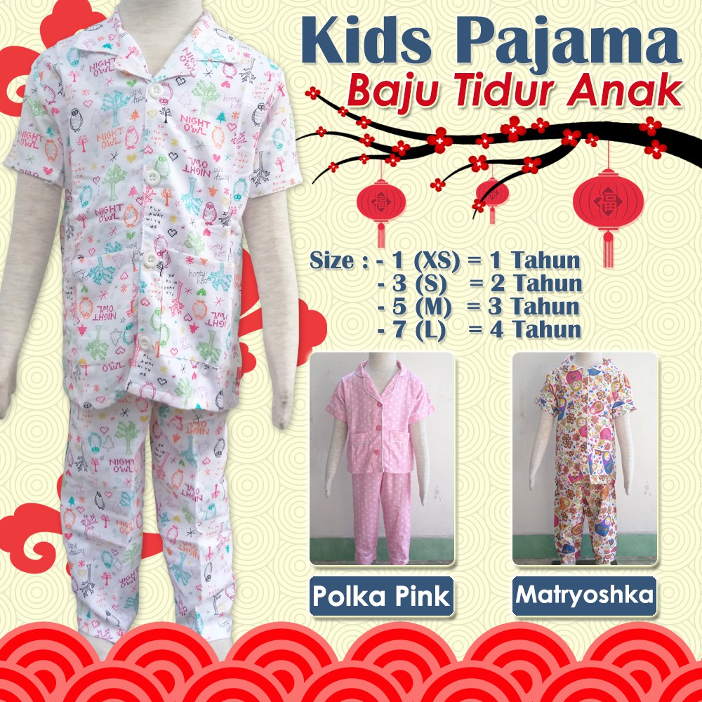 Piyama Anak Katun Jepang Flanel Baju Tidur Anak Katun Jepang Japan design POlka Owl Matryoshka