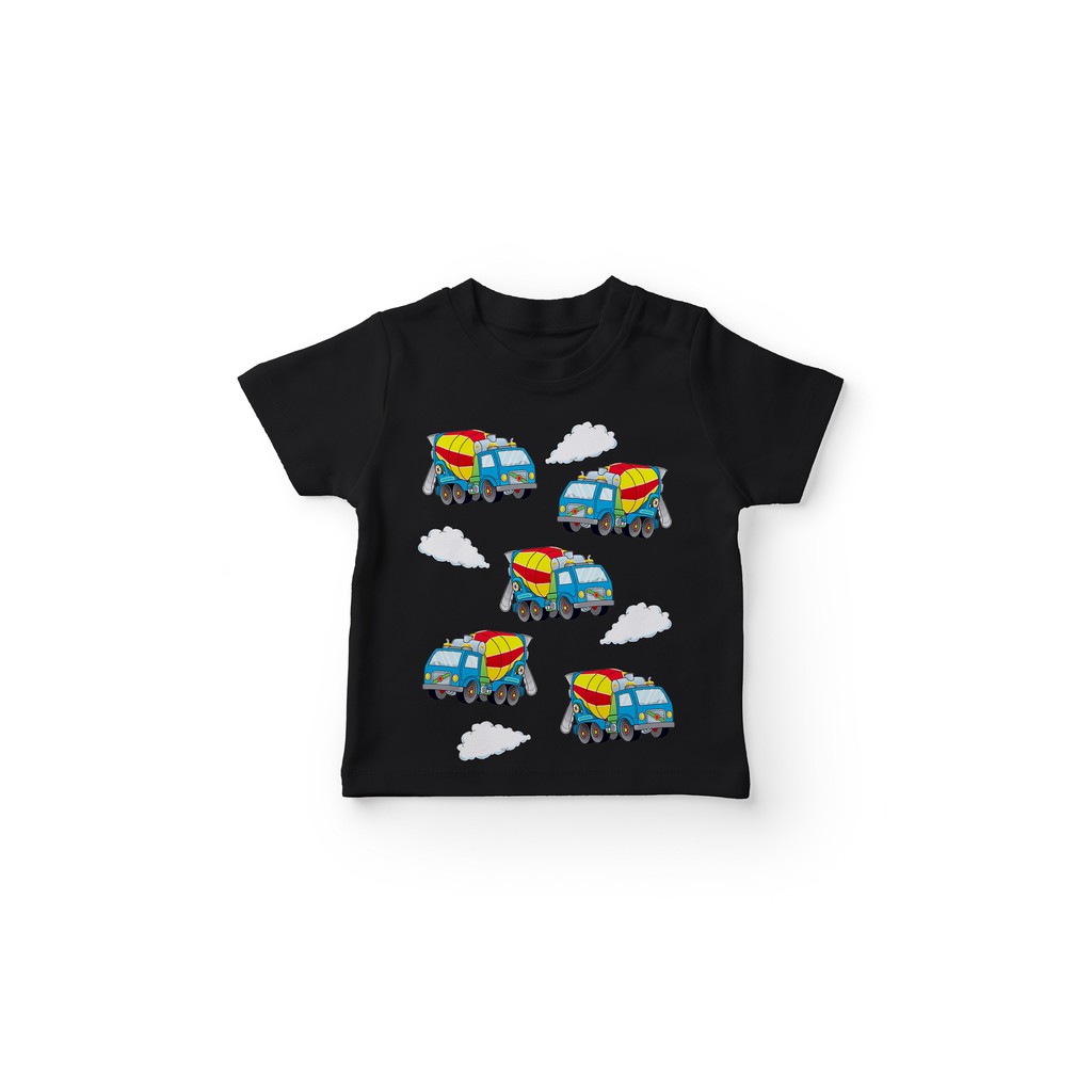 GKAHTM684 Kaos Anak Gambar Truk Molen Terbang Awan Baju Anak Lengan Pendek Bahan Combed 30s Hitam