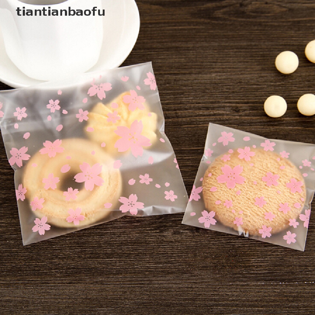 100pcs / Lot Tas Permen / Kue Kering Motif Bunga Sakura Pink Dengan Perekat