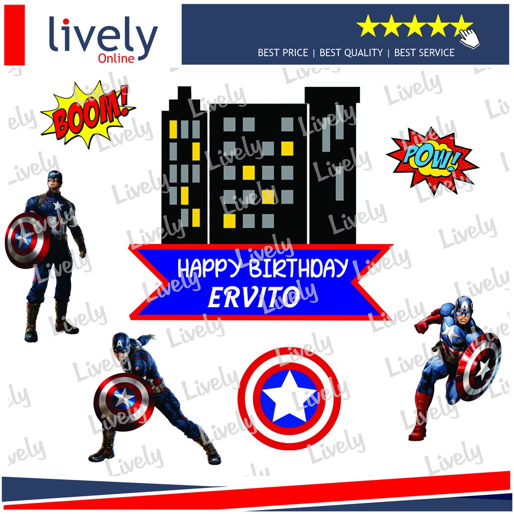 CAKE TOPPER KARAKTER HIASAN KUE HBD HAPPY BIRTHDAY CUSTOM NAMA CAPTAIN AMERICA set