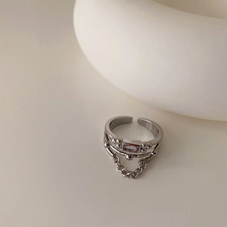 Cincin Rantai Multilayer Bentuk Hati Aksen Berlian Imitasi Gaya Korea