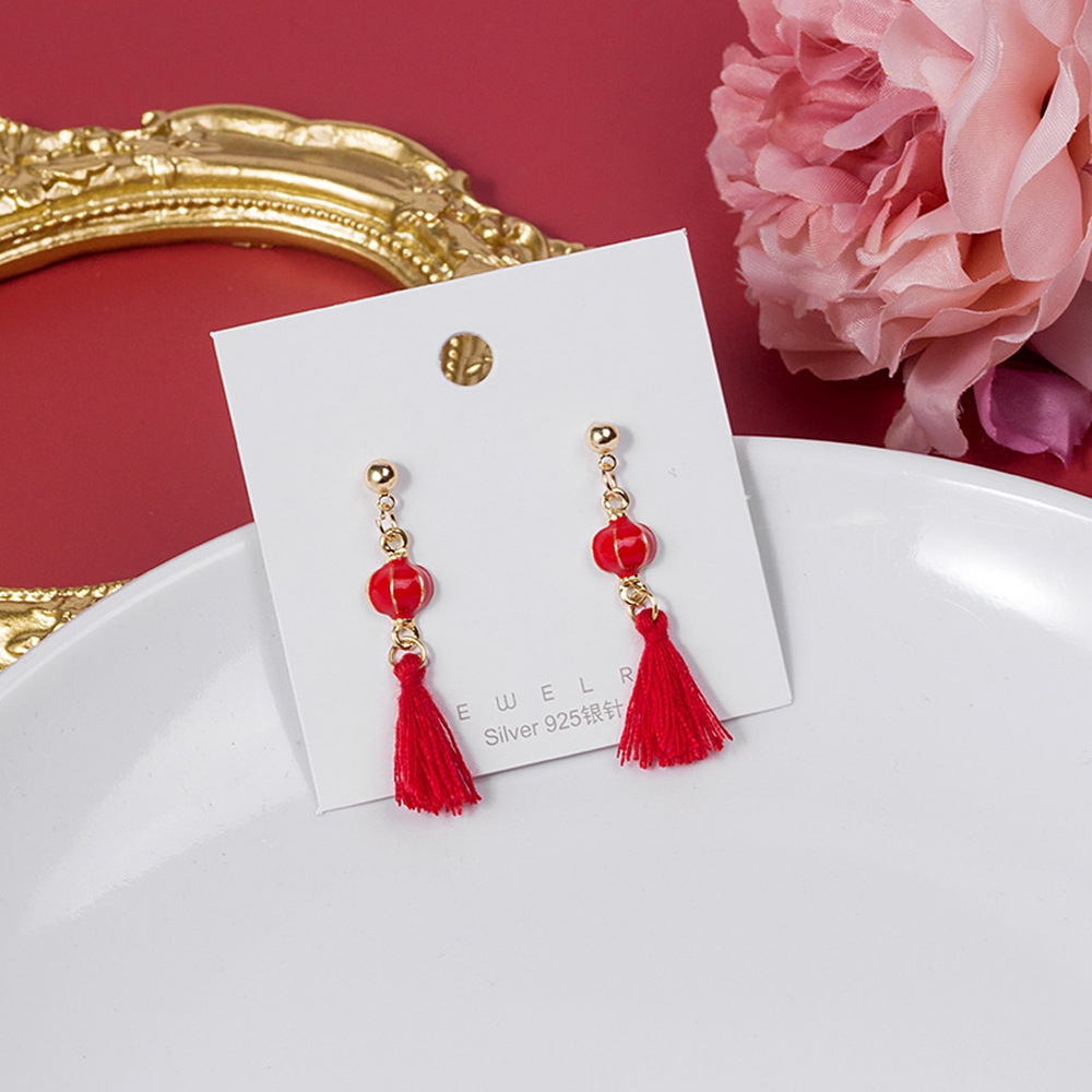 Anting Kait Gantung Desain Lentera Merahrumbai Gaya Vintagecrackercina Untuk Wanita